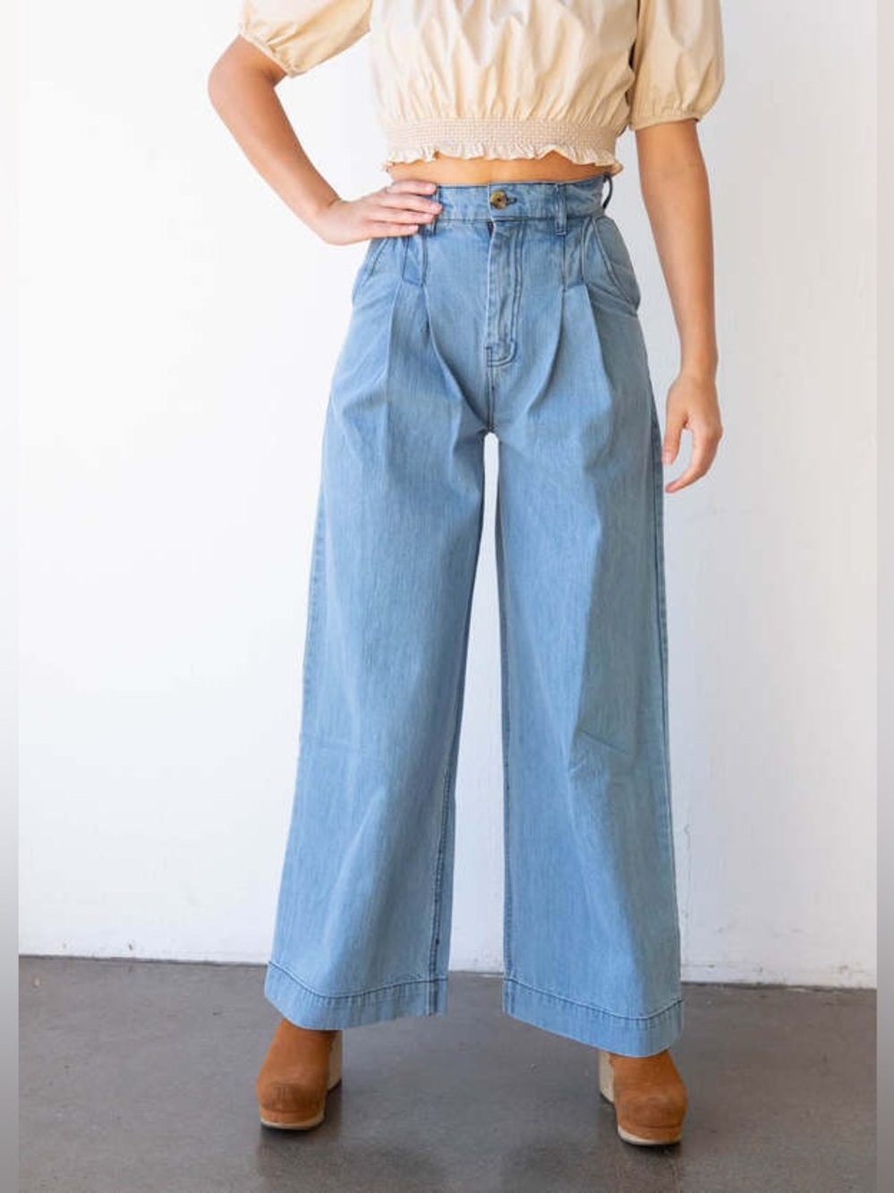 The Odells Reagan Wide Leg Pants in Light Denim Size 8 Retro 70s Pleated